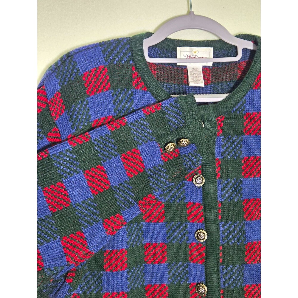 Worthington Plaid Knit Cardigan Sweater L Crew Neck Button Long Sleeve Grandpa